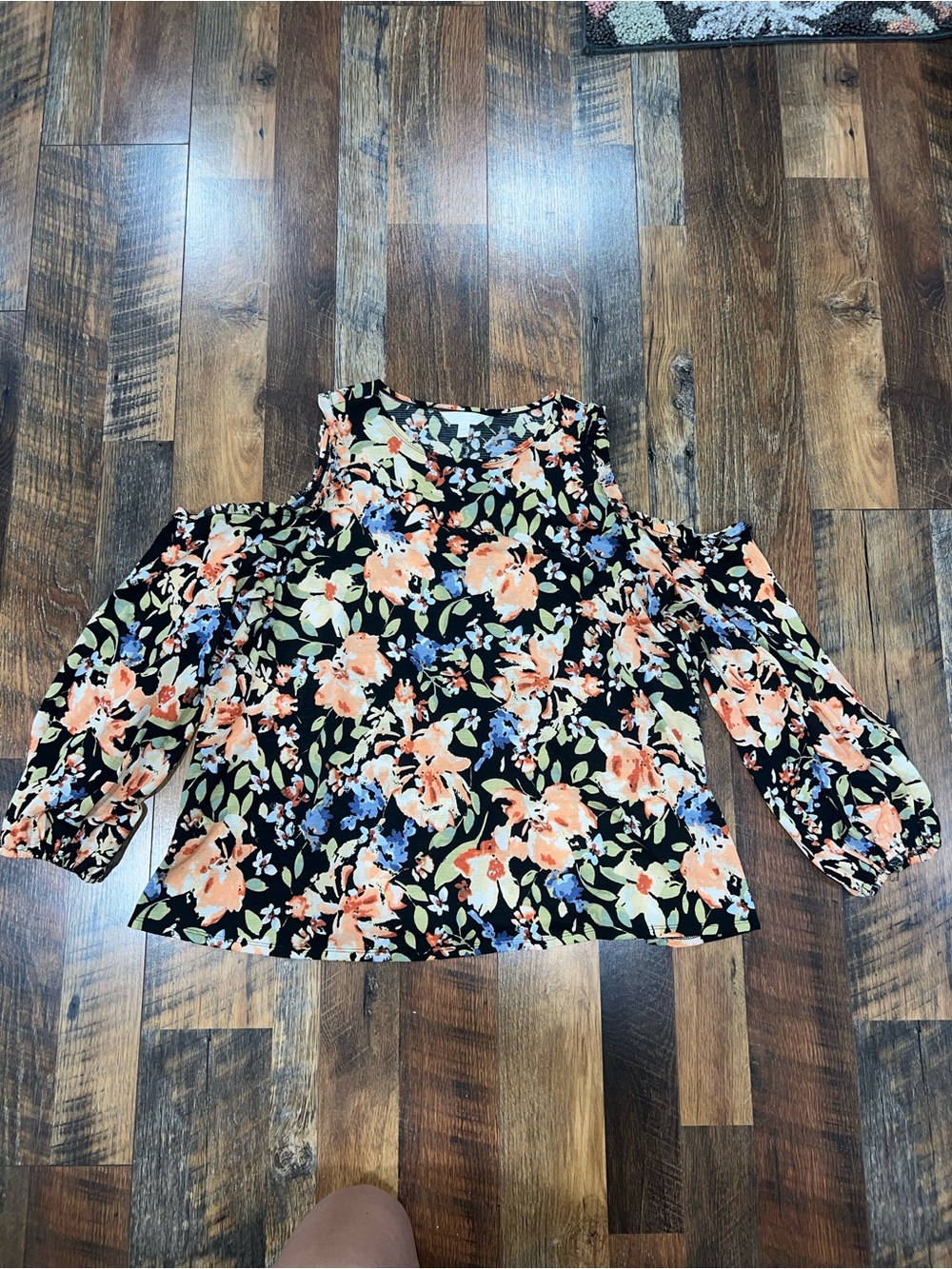 LC Lauren Conrad Black Floral Cold-Shoulder Blouse with Peach & Blue Blooms